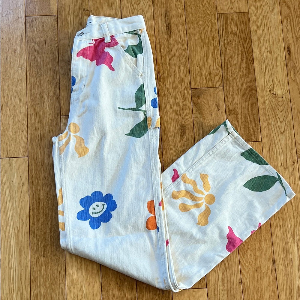 PacSun White High Rise Carpenter Jeans Vibrant Happy Flower Patterns Hammer Loop